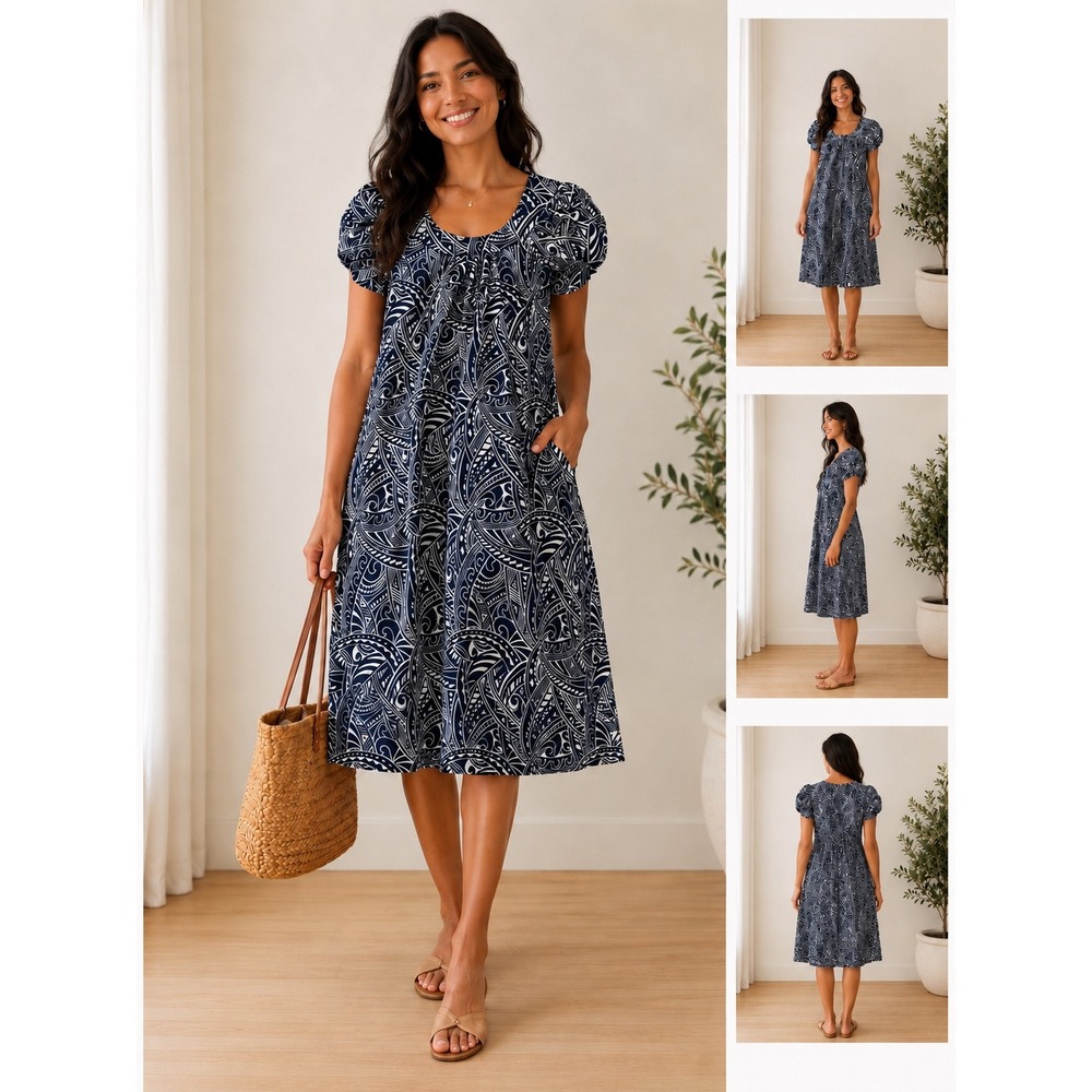 Hawaiian Reserve Collection Navy White Tribal Print A-Line Dress XS Tropical